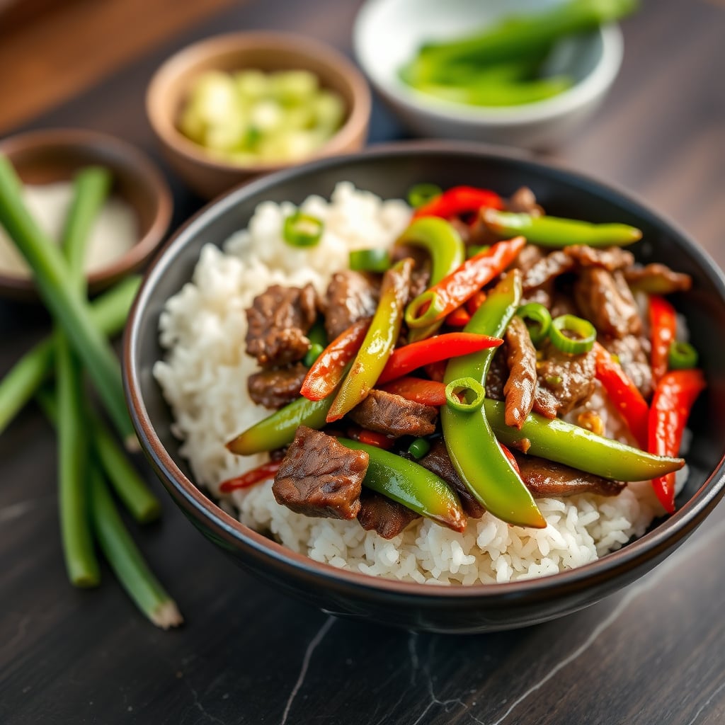 Szechuan Beef Stir-Fry with Velveted Tri-Tip, Ginger-Garlic Snap Peas, and Scallion Jasmine Rice