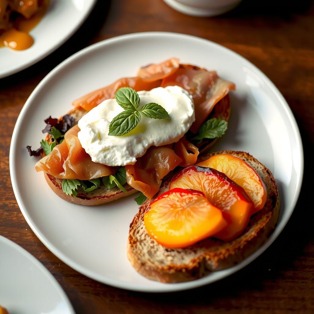 Whipped Burrata and Hachiya Persimmon Toast with Crispy Prosciutto