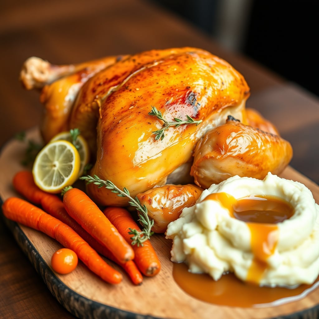 Lemon-Thyme Roasted Whole Chicken with Pan-Dripping Gravy, Honey-Glazed Carrots, and Buttermilk Mash