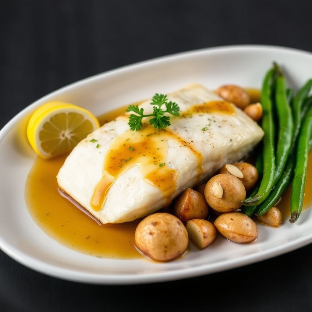 Classic Sole Meunière with Herb-Roasted Fingerling Potatoes and Lemony Green Beans Amandine