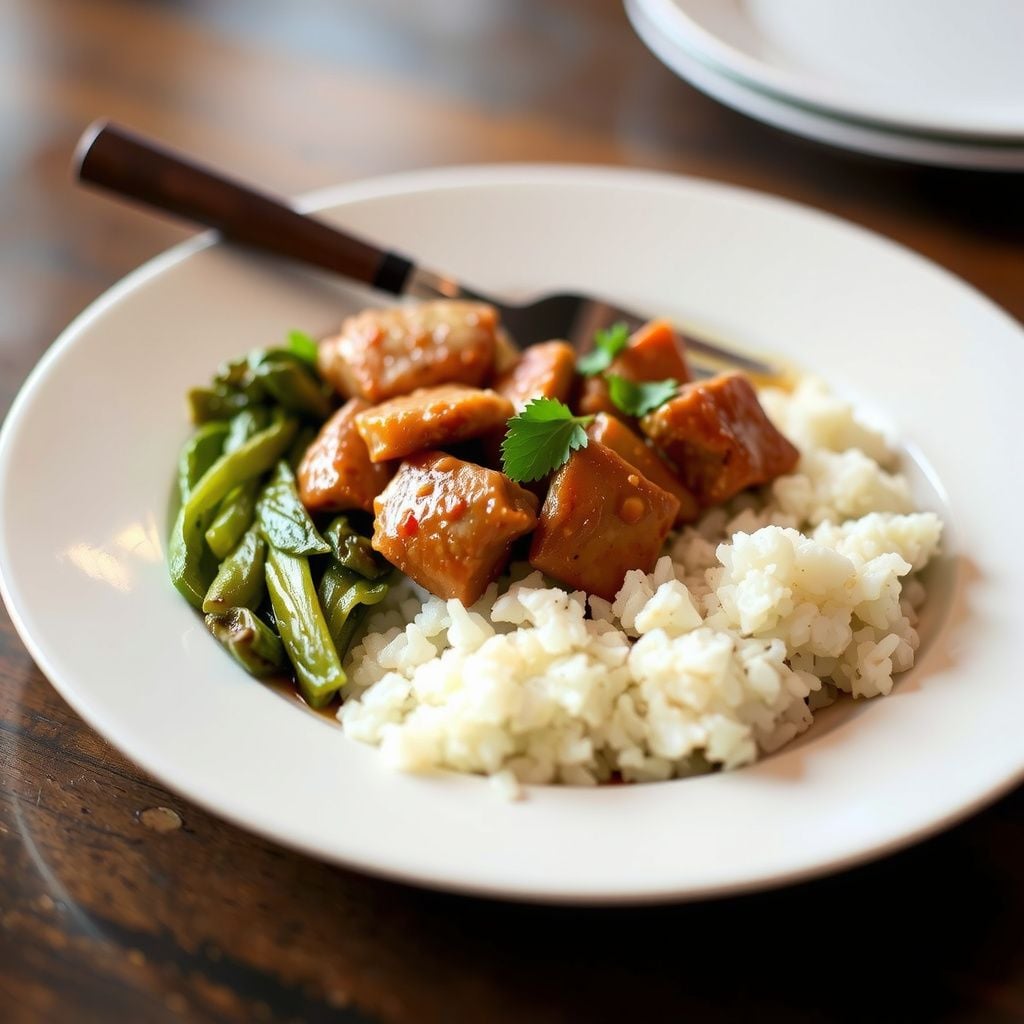Mild Vietnamese-Style Caramel Ground Pork with Coconut Rice and Sautéed Green Cabbage