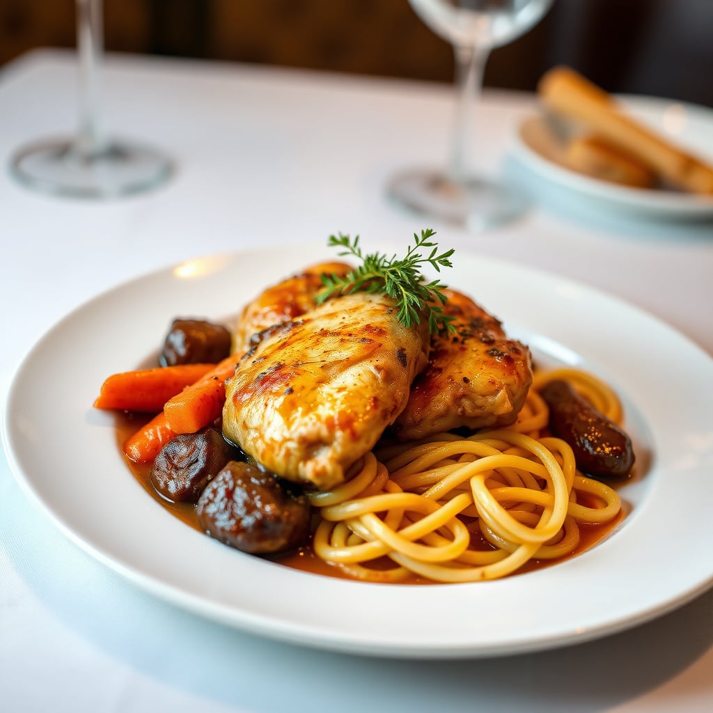 Normandy-Style Cider-Braised Chicken Thighs with Caramelized Onions, Glazed Carrots, and Buttered Egg Noodles