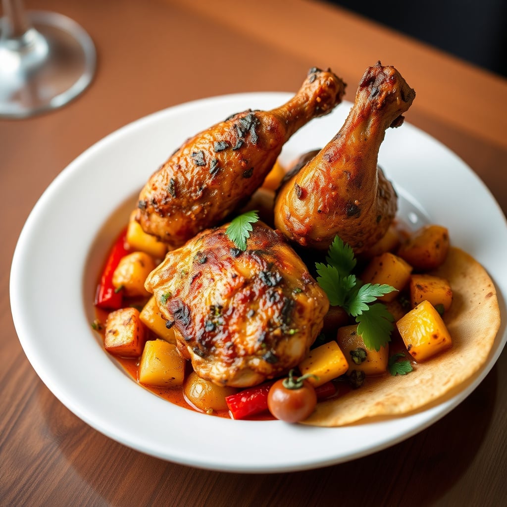 Skillet-Roasted Adobo Chicken Thighs with Pimentón Potatoes, Blistered Peppers, and Charred Corn Tortillas