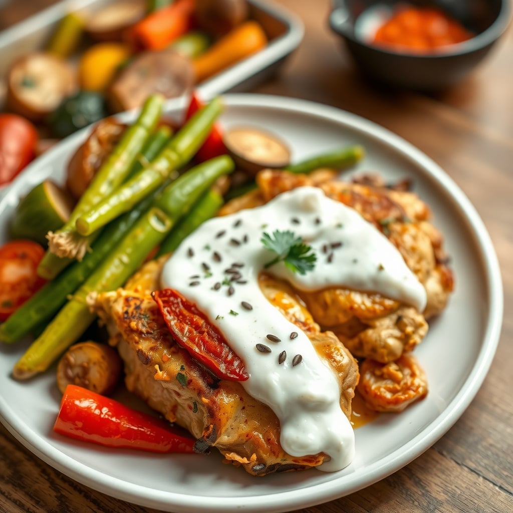 Sheet Pan Spiced Chicken & Roasted Vegetables with Yogurt Sauce