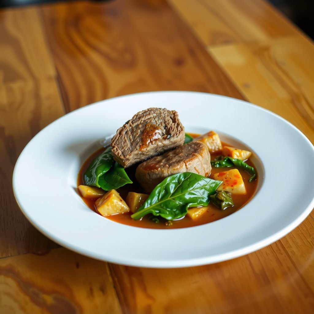 Traditional West African Egusi Stew with Tender Beef and Spinach