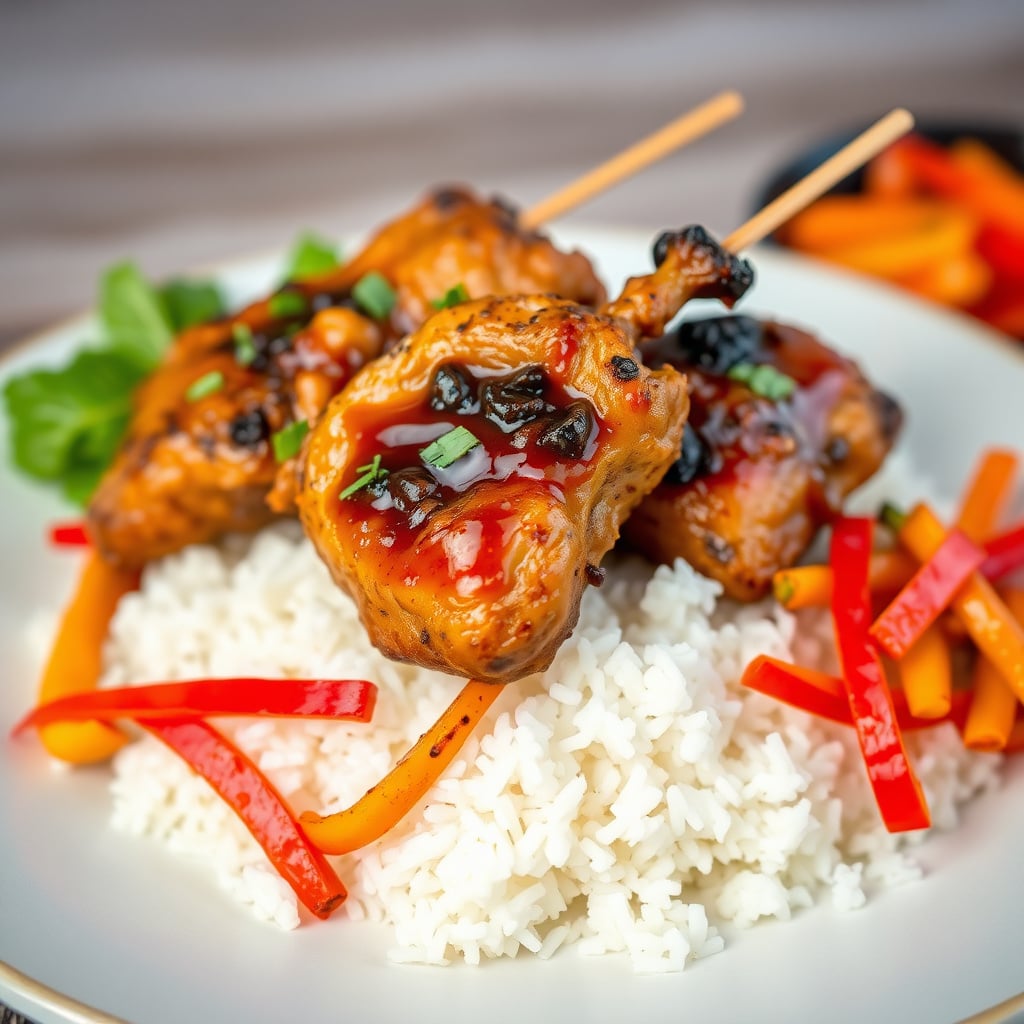 Indonesian-Style Satay Chicken Thighs with Peanut Reduction, Jasmine Rice, and Charred Bell Pepper Salad