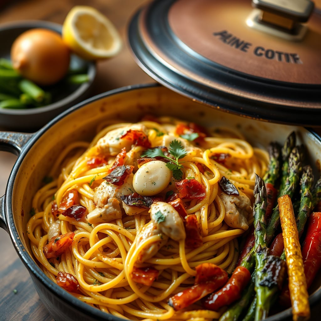 One-Pot Peppery Chicken Carbonara with Lemon-Herb Roasted Seasonal Vegetables