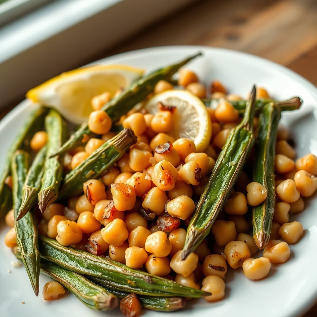 Crispy Roasted Okra and Chickpea Warm Salad