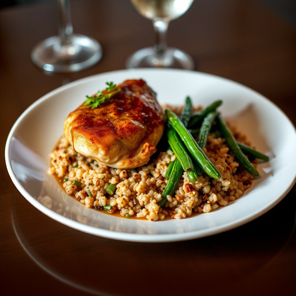 Dijon-Glazed Poulet with Chardonnay Reduction, Herb-Toasted Almond Quinoa, and Shallot-Sautéed Haricots Verts