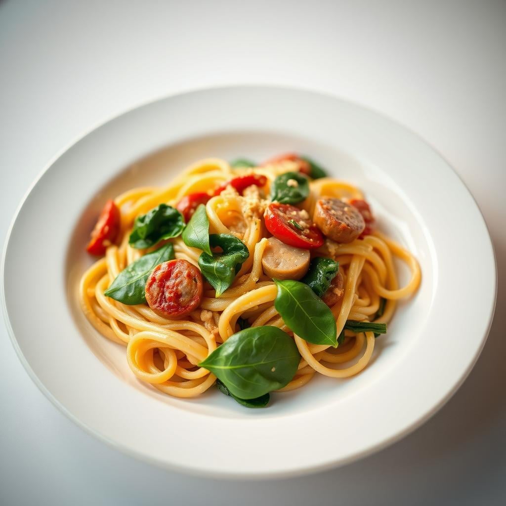Creamy Sun-Dried Tomato Pasta with Italian Sausage and Spinach