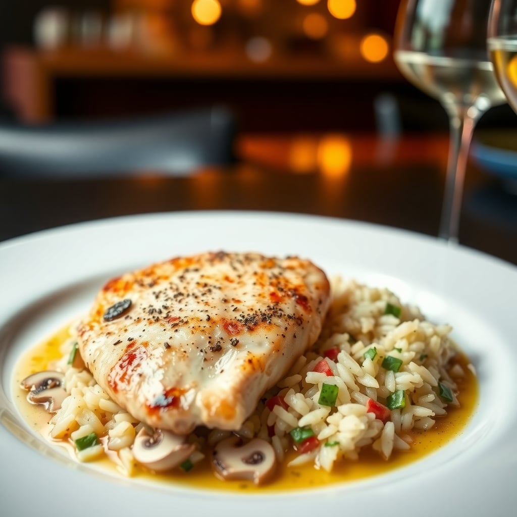 Pan-Seared Chicken with Mushroom Velouté and Herb Rice Pilaf