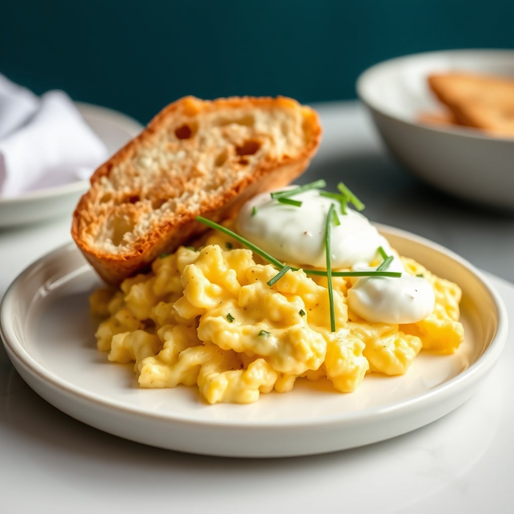 Soft-Scrambled Eggs with Chive-Infused Crème Fraîche and Toasted Sourdough
