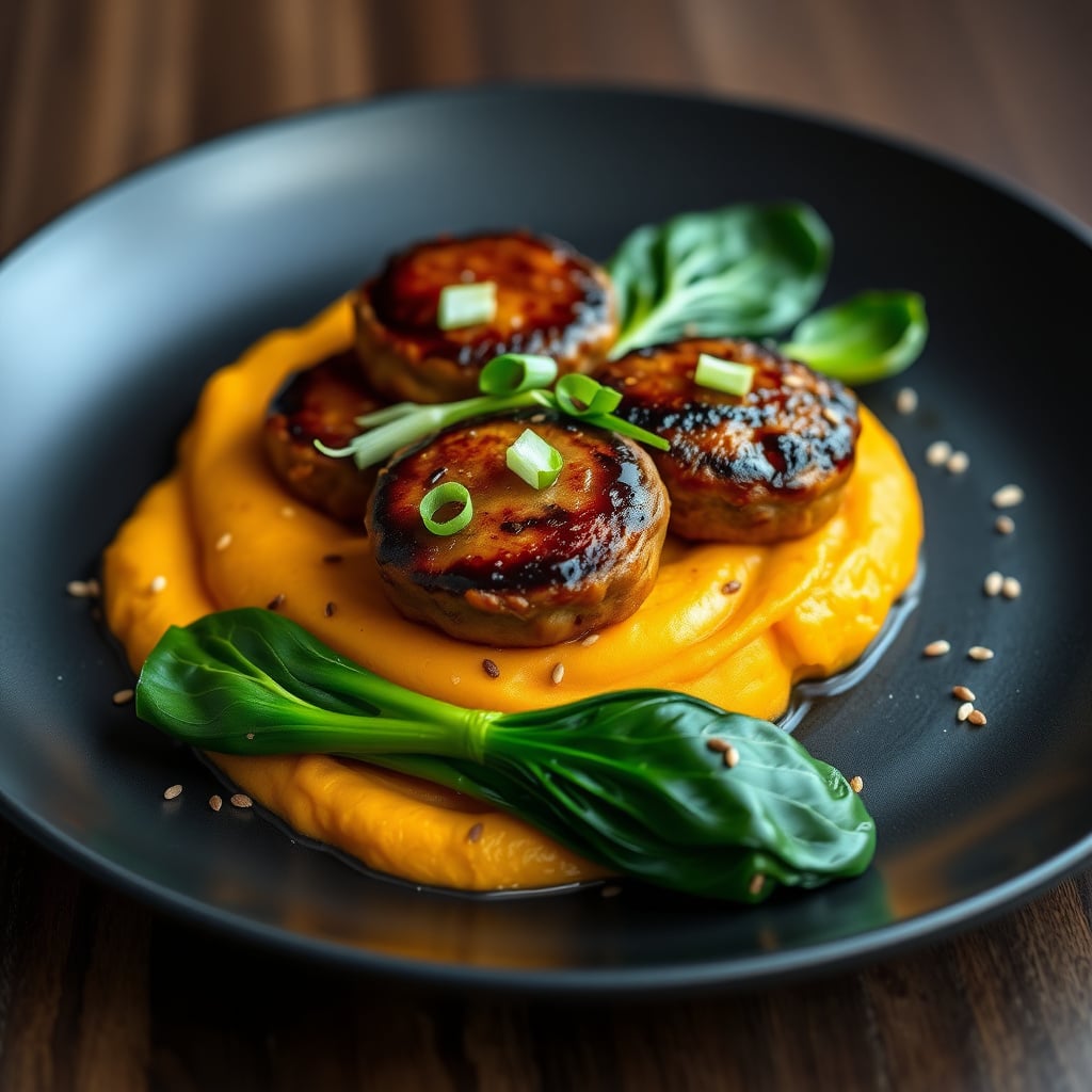 Pan-Seared Ginger-Chili Pork Patties on Velvety Miso-Acorn Squash Mash with Sesame-Charred Baby Bok Choy