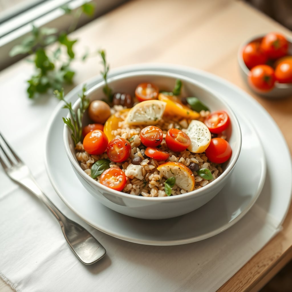 Mediterranean Farro Bowl with Roasted Vegetables and Lemon-Herb Dressing