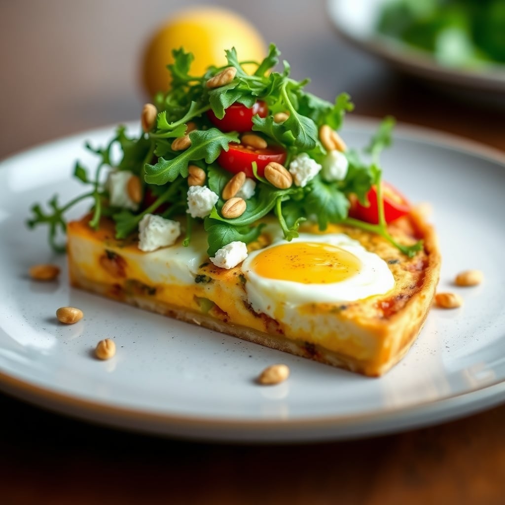 Slow-Roasted Roma Tomato and Feta Egg Torte with Lemon-Dressed Arugula and Toasted Pine Nuts