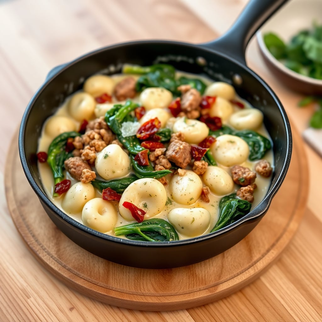 One-Skillet Creamy Italian Sausage and Gnocchi with Wilted Spinach and Parmesan