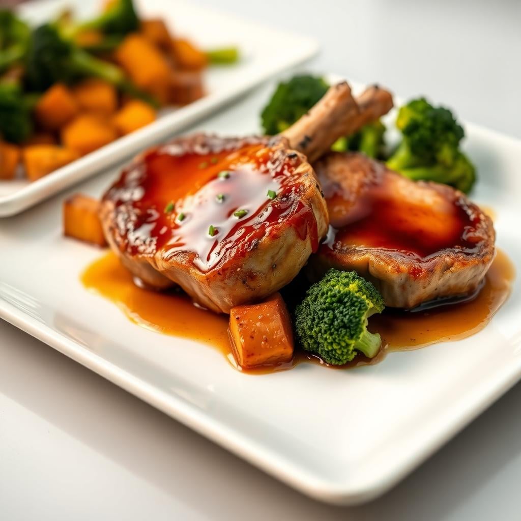 Honey-Glazed Pork Chops with Roasted Sweet Potatoes & Broccoli