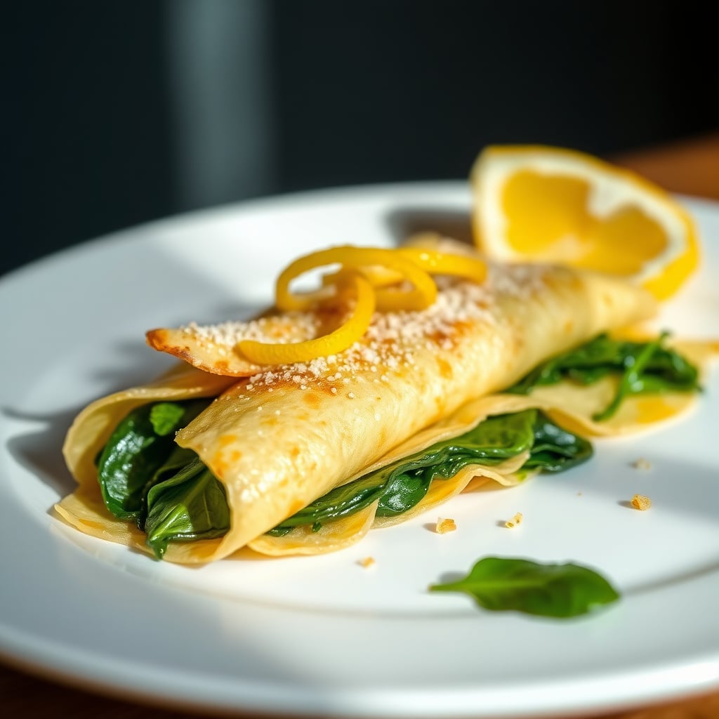 Savory Ricotta and Spinach Crepes with Lemon-Zest Garnish