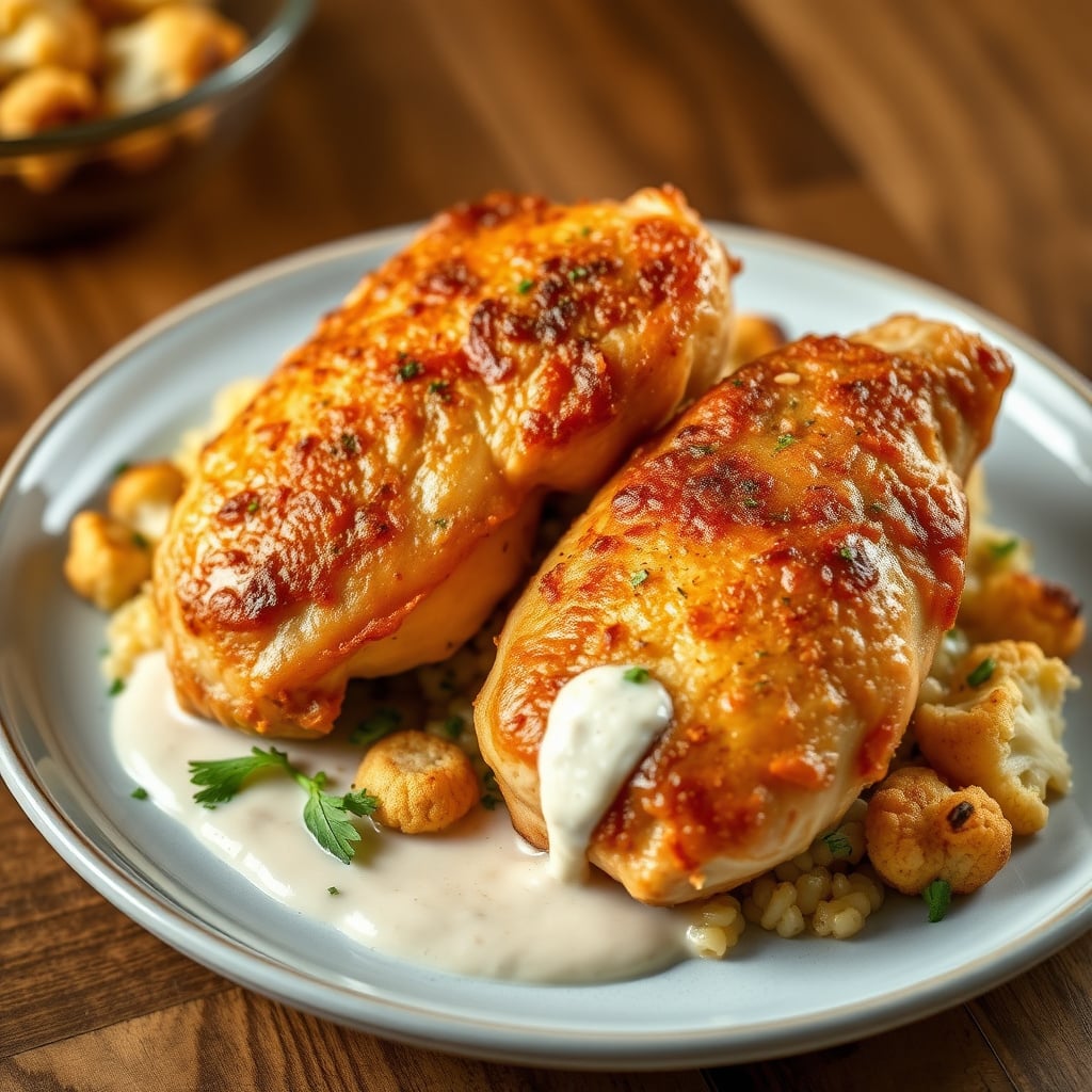 Crispy-Skinned Chicken Thighs with Creme Fraiche Pan Sauce, Roasted Cauliflower, and Parsley Orzo