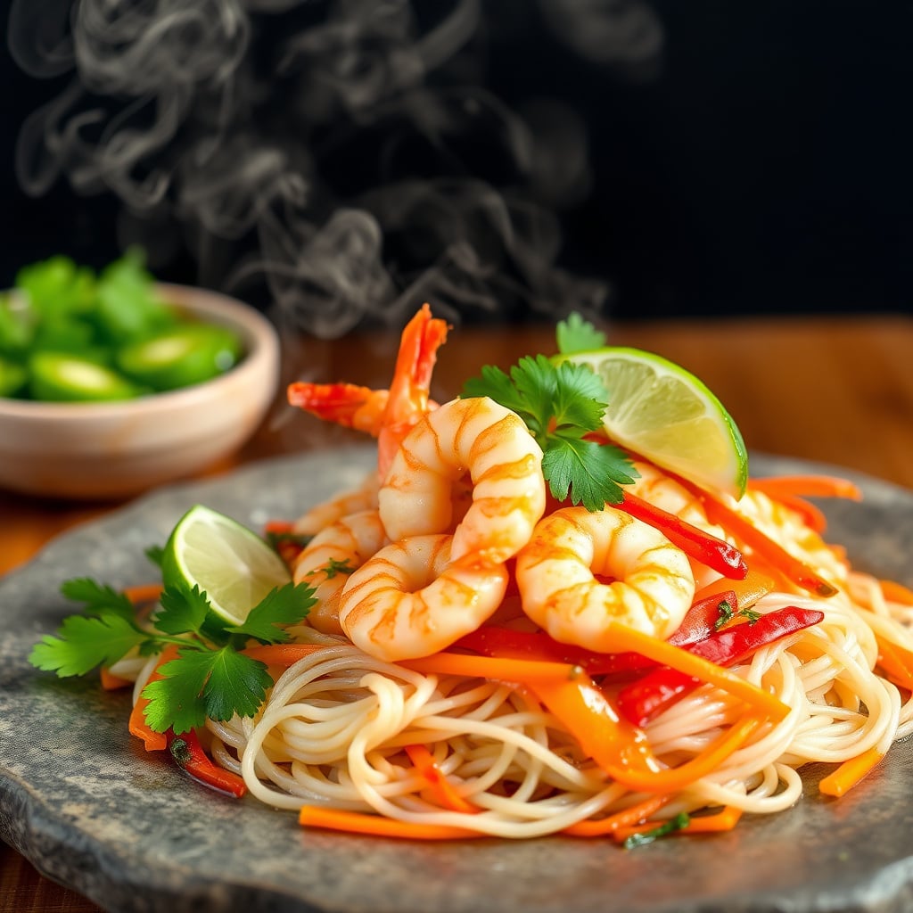 Zesty Umami Prawn Stir-Fry with Rice Noodles, Blistered Peppers, and Ribboned Carrots