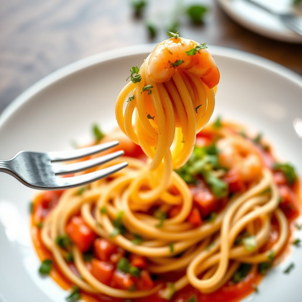 Garlic-Butter Prawn Linguine with Roasted Red Pepper Sauce and Herb Salad