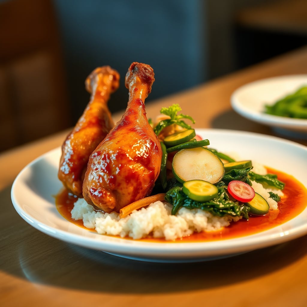 Korean Gochujang-Braised Chicken Legs with Sesame Zucchini, Pickled Radishes, and Ginger-Wilted Kale