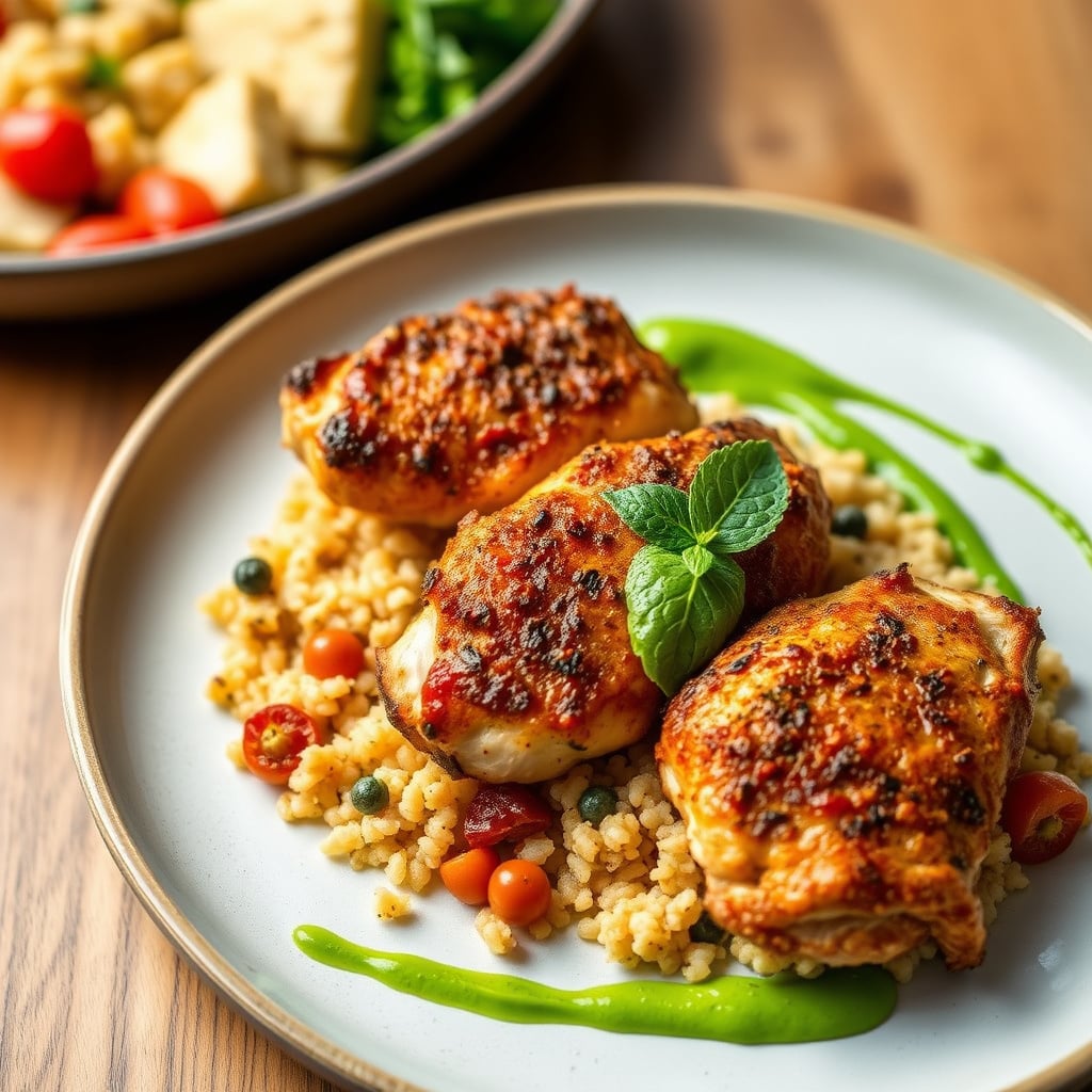 Moroccan-Spiced Crispy Chicken Thighs with Apricot-Bell Pepper Couscous and Minted Pea Puree