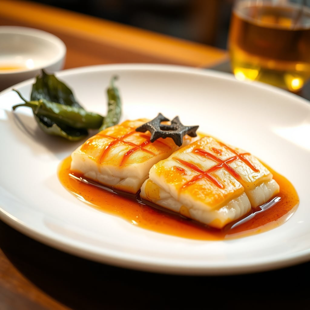 Kelp-Cured Halibut (Kobujime) with Yuzu-Ponzu and Blistered Shishitos