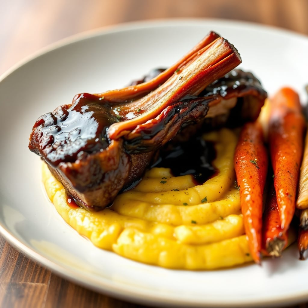 Slow-Braised Balsamic Pork Side Ribs with Creamy Parmesan Polenta and Roasted Root Vegetables