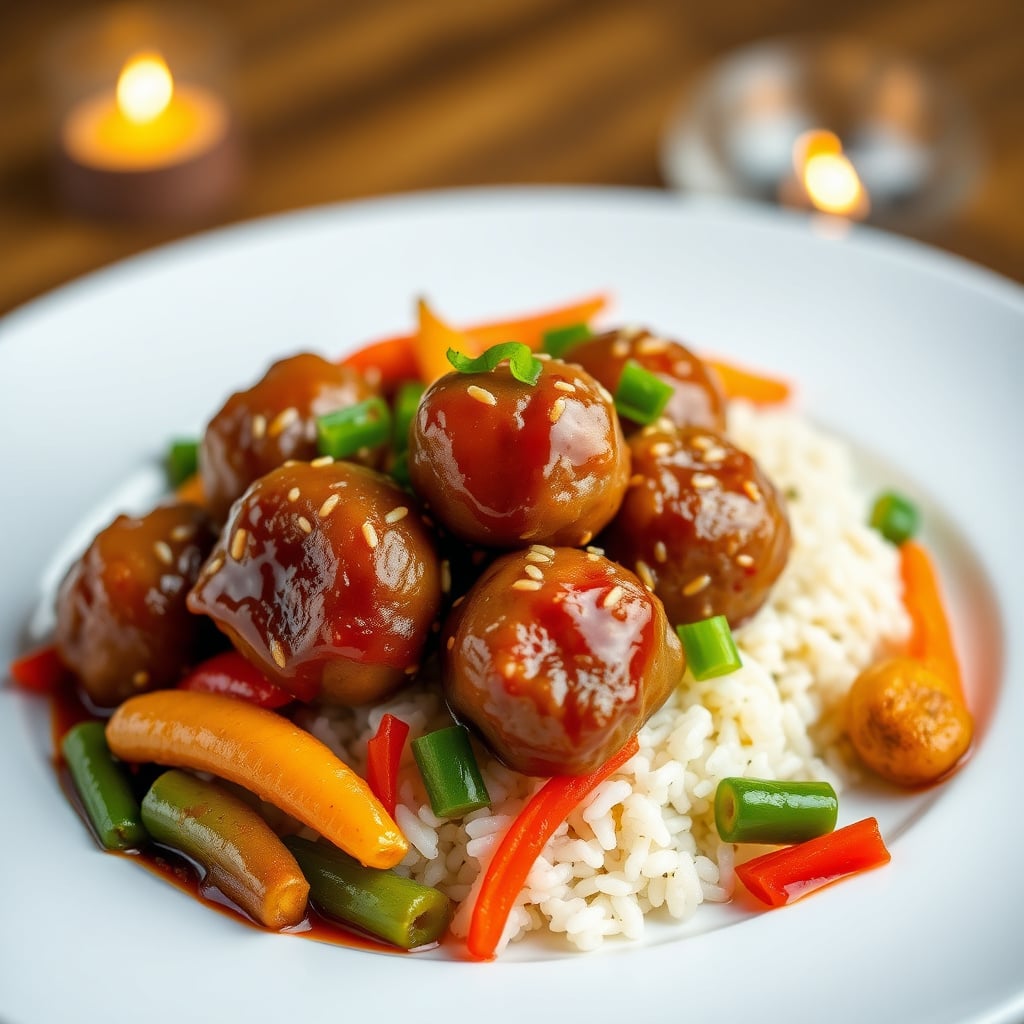 Sweet and Sour Asian Pork Meatballs with Sesame Rice and Stir-Fried Vegetables
