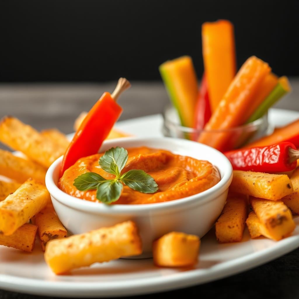 Roasted Red Pepper Hummus with Vegetable Sticks - OttoChef AI | Discover Delicious Recipes