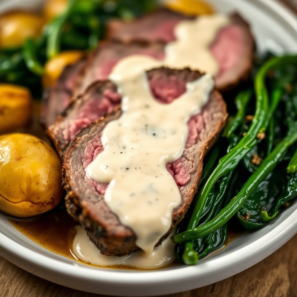 Peppercorn-Crusted Sirloin Tip Roast with Cognac Cream Sauce, Roasted Fingerlings, and Garlic Spinach